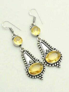 Citrine Gemstone Sterling Silver Drop Dangle Earrings